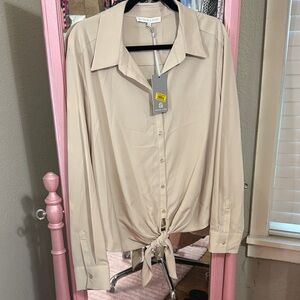Preston & York Beige Button-Down Shirt with Tie Front
